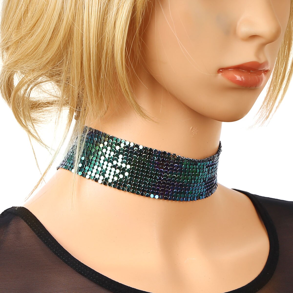 Collar de aleación brillante para mujer, gargantilla brillante, lisa, ajustable, de malla ancha, gargantilla plana