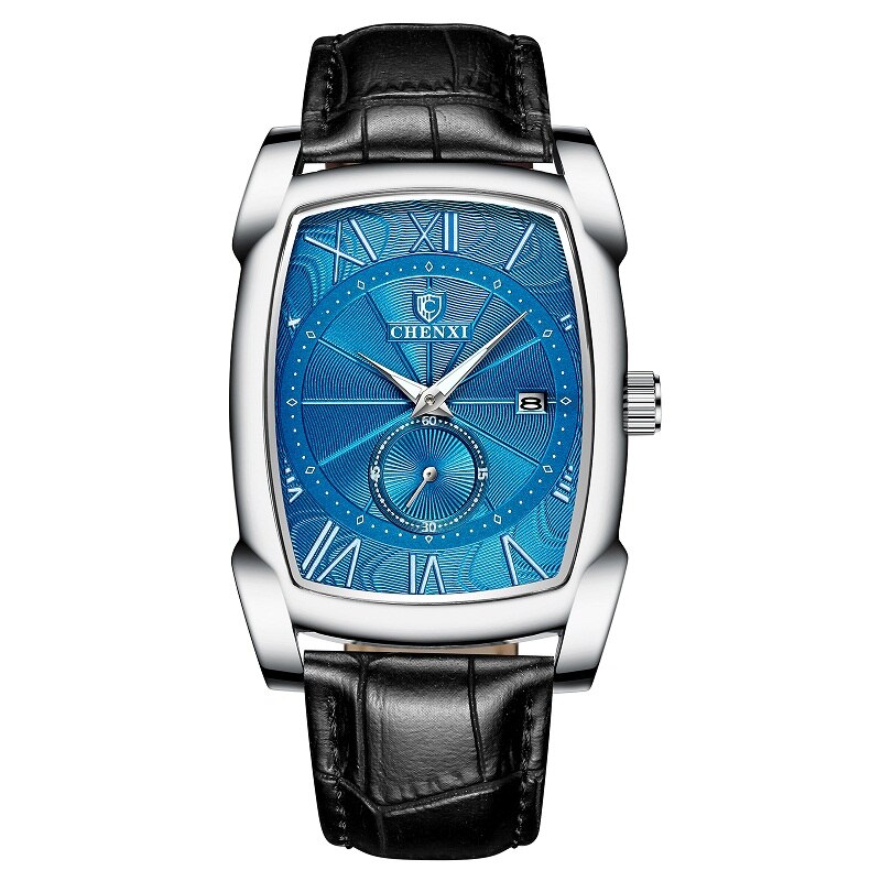 Chenxi Horloge Luxe Retro Mannen Horloges Business Waterdicht Quartz Horloge Mannelijke Kalender Romeinse Cijfers Stop Horloge: Black Silver Blue