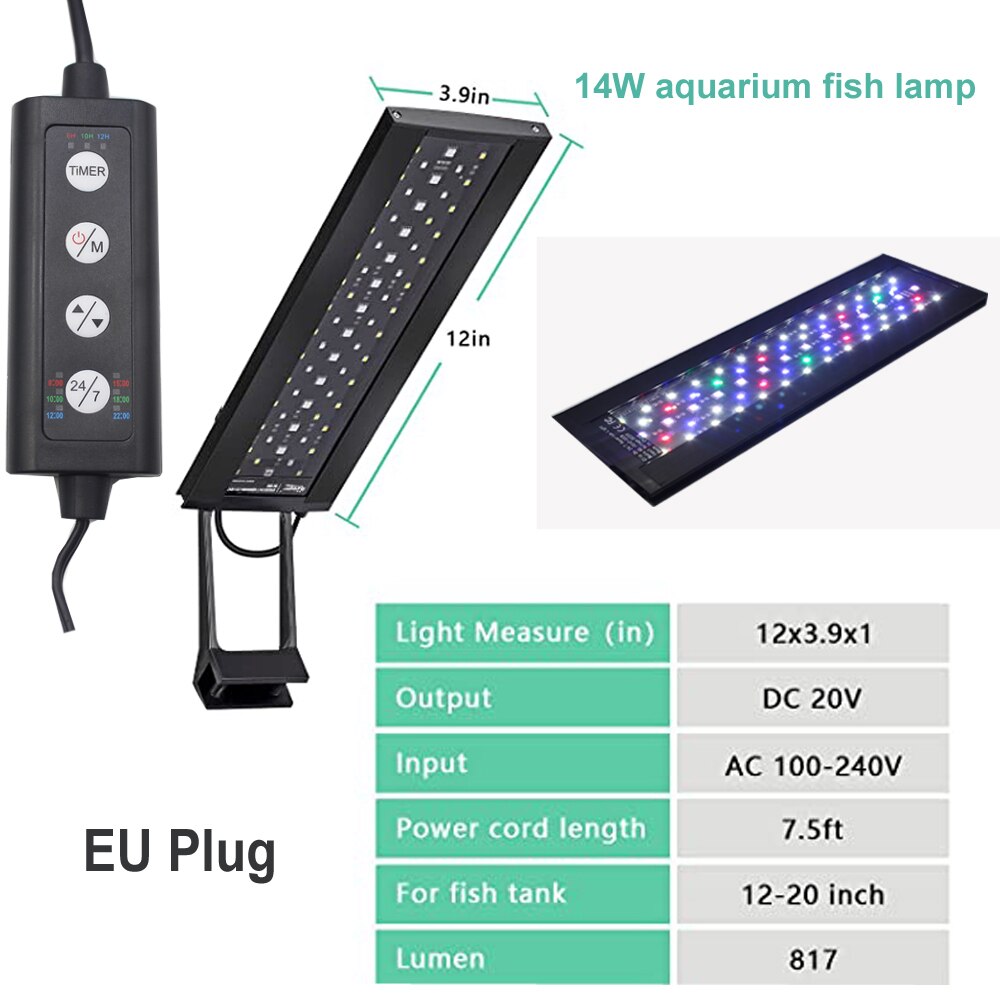 12-24inch Aquarium LED Light Waterproof Fish Tank Light Underwater Lamp Aquariums Decor Lighting Planted Lights EU Plug 30/45CM: 14W 12inch Cl01 EU