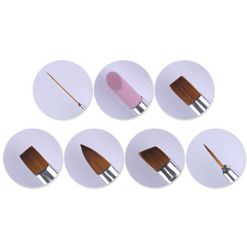 Juego de 7 PCs de pinceles para uñas, accesorios de manicura Nail Art con trazador de líneas de pintura, mango acrílico rosa, Gel UV para eliminar cutículas