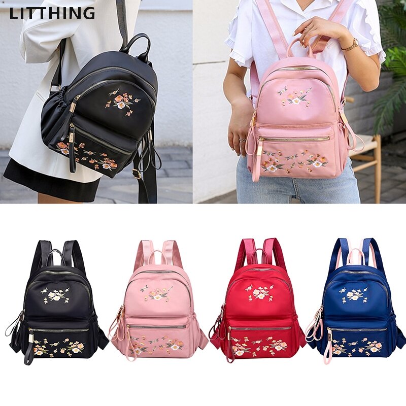 Litthing Waterproof Nylon Women Backpack Zipper Oxford School Bags For Girls Flower Embroidered Backpack Female Rucksack