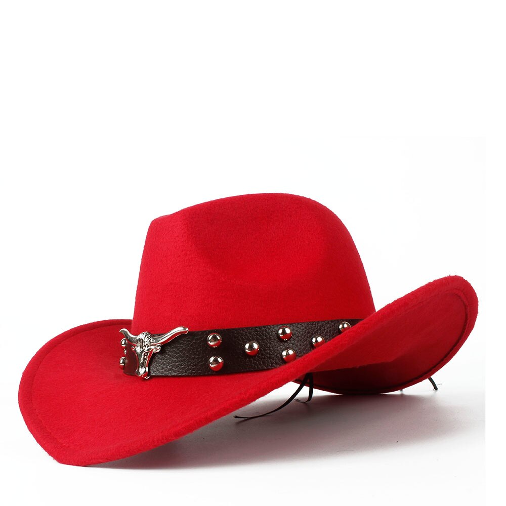 Women Men Wool Hollow Western Cowboy Hat With Tauren Belt Outback Jazz Toca Sombrero Cap Size 56-58CM: Red