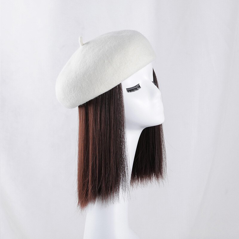 Boina de peluca sin pegamento, pelo liso clásico, Boina de pelo corto, Boina con volante grande, boina, peluca, gorro