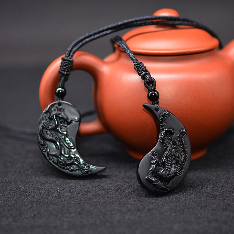 2Pcs Obsidiaan Carving Taichi Draak En Phoenix Hanger Ketting Voor Vrouwen Mannen Retro Lucky Amulet Paar Statement Sieraden