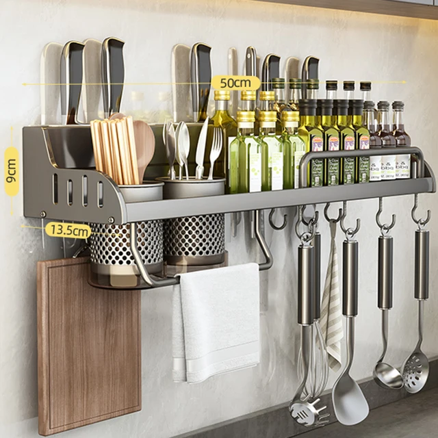 Estante de almacenamiento de cocina, soporte multifuncional para tabla de cortar, estante de pared para especias, estante para utensilios para cocina, soporte para condimentos, organizar: Gris claro