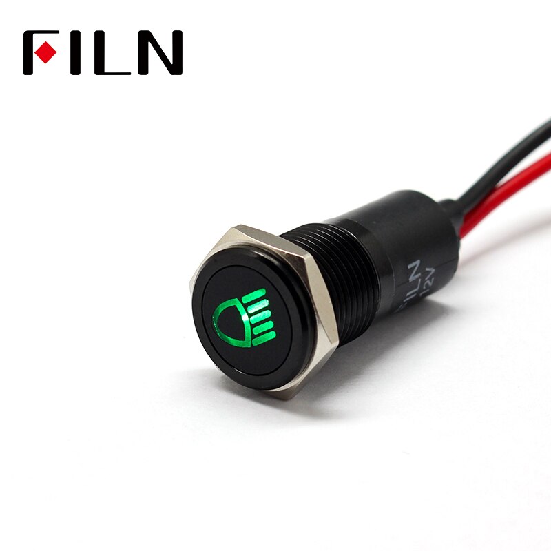 Filn 14mm bil instrumentbræt nærlys symbol led rød gul hvid blå grøn 12v led sort shell indikatorlys med 20cm kabel