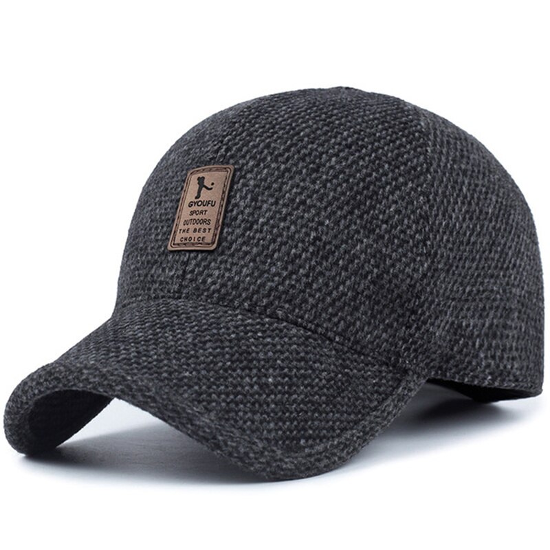 TUNICA Woolen Knitted Winter Baseball Cap Men Thicken Warm Hats with Earflaps: Dark Grey