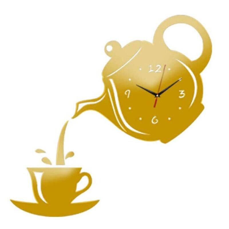 Teapot Kettle Wall Clock 3D Acrylic Coffee Tea Cup Wall Clocks for Office Home Kitchen Dining Living Room Decorations