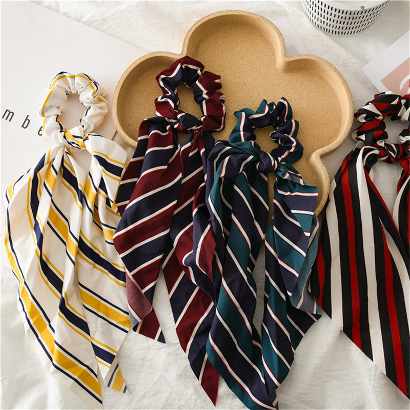 Coleta para mujer, pañuelo elástico largo, lazos para el pelo, cintas para el pelo, cinta para el pelo con estampado de rayas