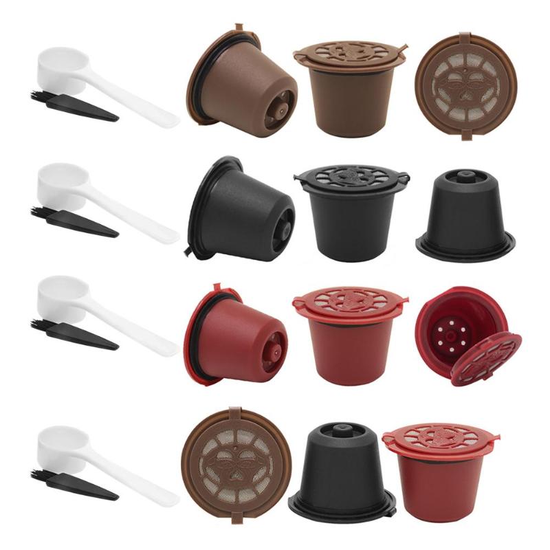 1Pc 3Pcs Koffie Capsule Hervulbare Herbruikbare Herbruikbare Hervulbare Nespresso Machine Capsule Plastic Filter Cups Lepel Borstel