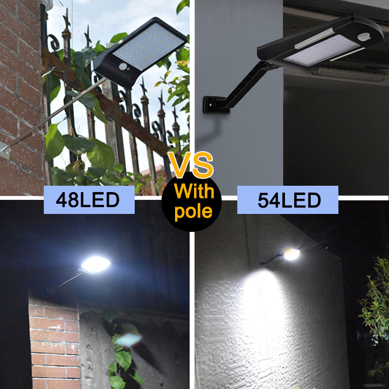 Luz Solar de 48 LED de 450 lúmenes, tres modos, negro y blanco, resistente al agua, para exteriores, jardín, pared, lámpara con poste de montaje o no
