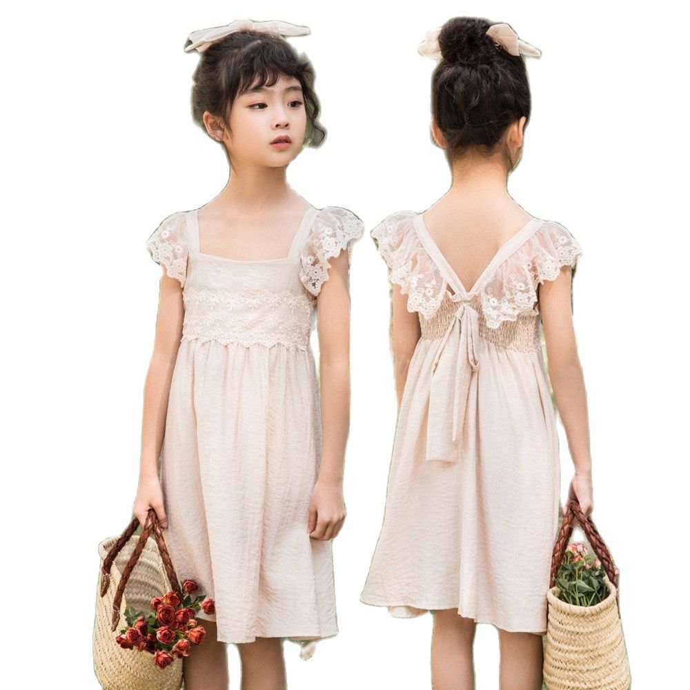 Teenage Girls Princess Lace Dress Summer Kids Children Cotton Ruffles Strap Beach Sundress With Back Bow Teen Midi Dresses 12 14