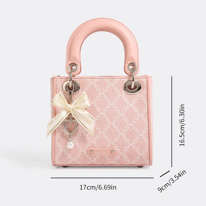 TOUTOU Argyle Jacquard Handtasche Schleife Dekor Satchel Geldbörse Damen Kleine Einkaufstasche Luxusmarke Tasche