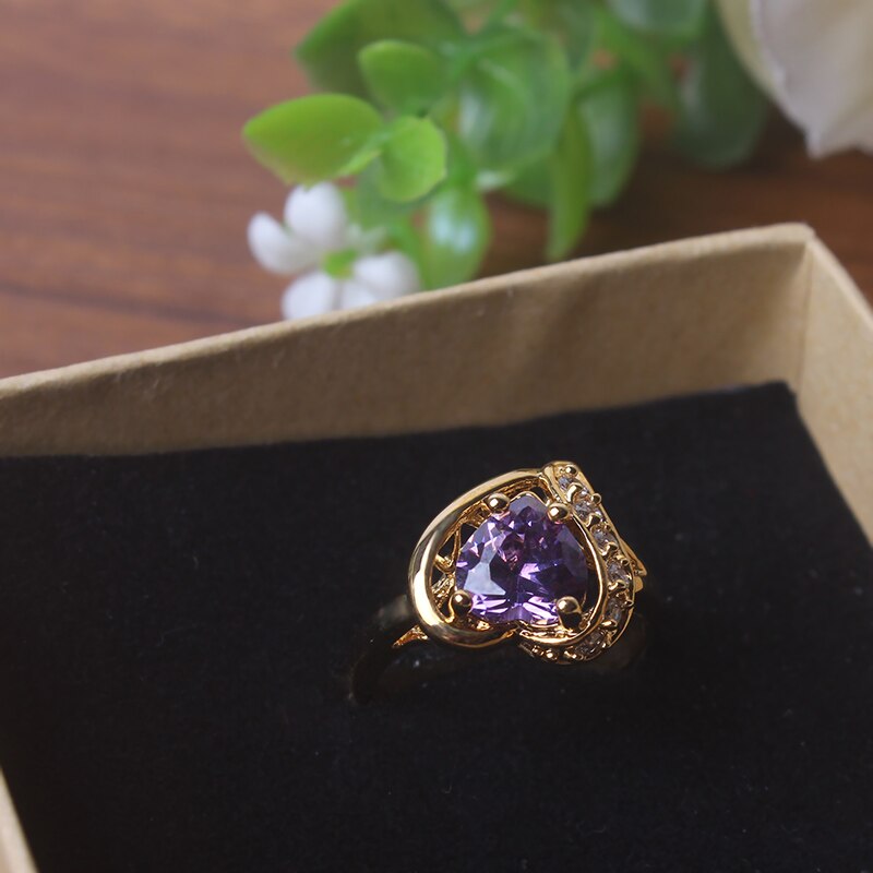 Ajojewel Gold Color Heart Zirconia Women Rings For Bride Wedding Purple Crystal Ring Engagement Ring Girl Bague
