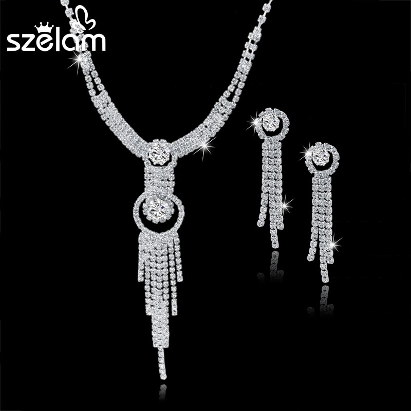 Sselam-ensemble de bijoux en strass pour femmes, ensemble de bijoux de mariage, collier, boucles d&#39;oreilles, pompon, accessoires, SET150067