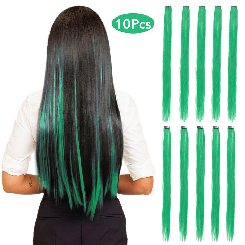 MEEPO Synthetic Hair Extensions 24 Inches Long Straight Hair 10Pieces/Set Colored Highlight Clip-In One Piece Pure Color: Light Green