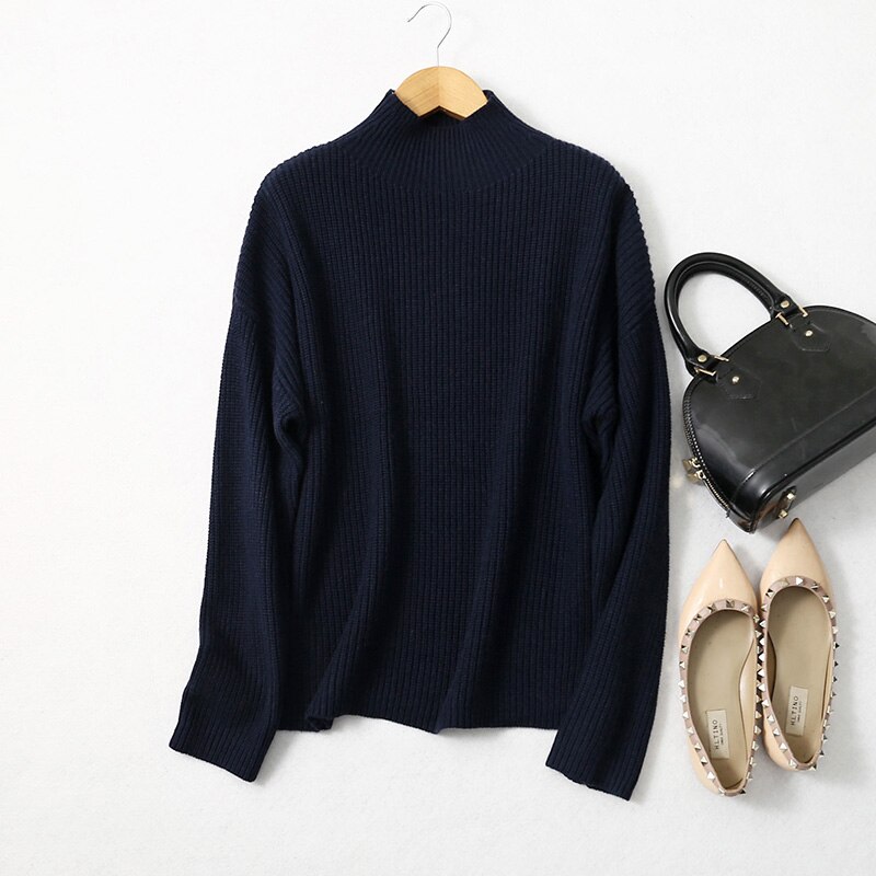 Pull à manches longues et col montant pour femme, 85% soie 15% cachemire, couleur unie, tous les jours, LY026: Navy
