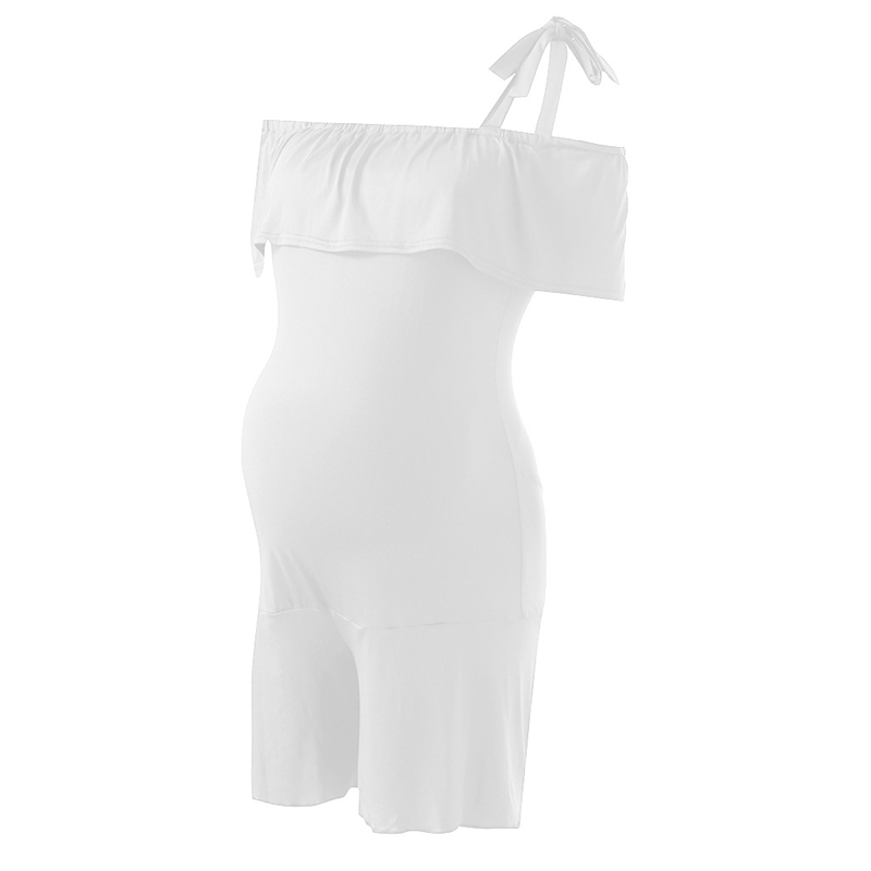 Summer Women Maternity Rompers Ruffles Slash Neck Pregnancy Jumpsuit Solid Pregnant Women Romper Playsuit: White / 5XL