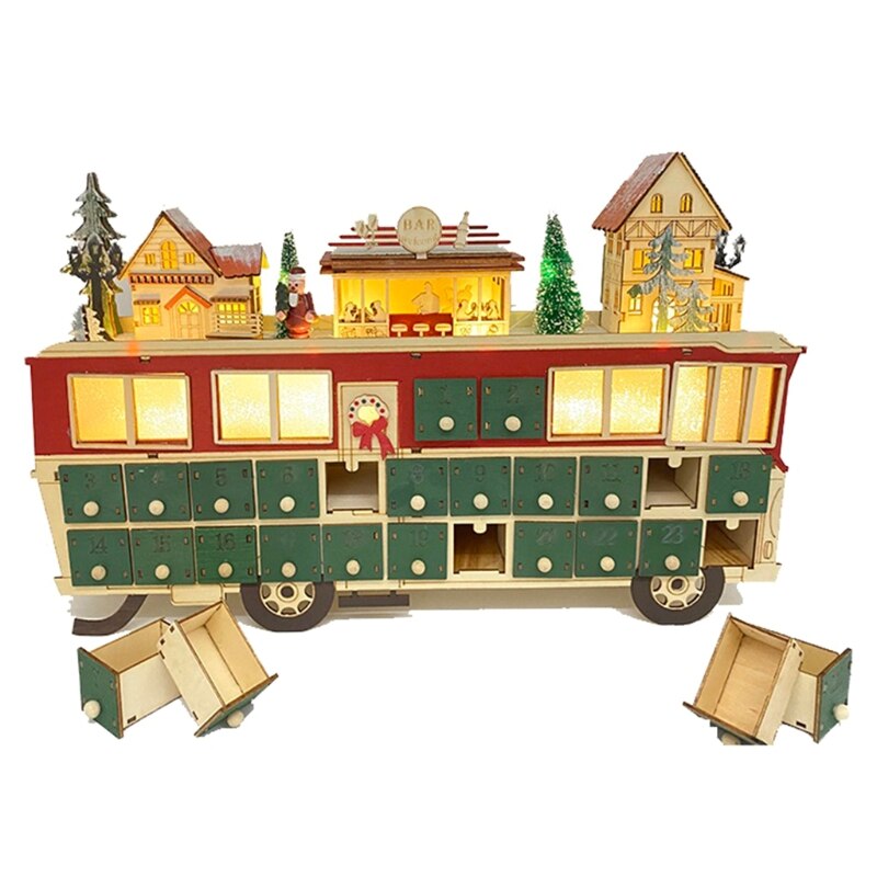 Kerst Houten Advent Kalender Bus Ornament Met Lades Led Light Up Dorp Scène 24 Dag Countdown Xmas Tafel Top
