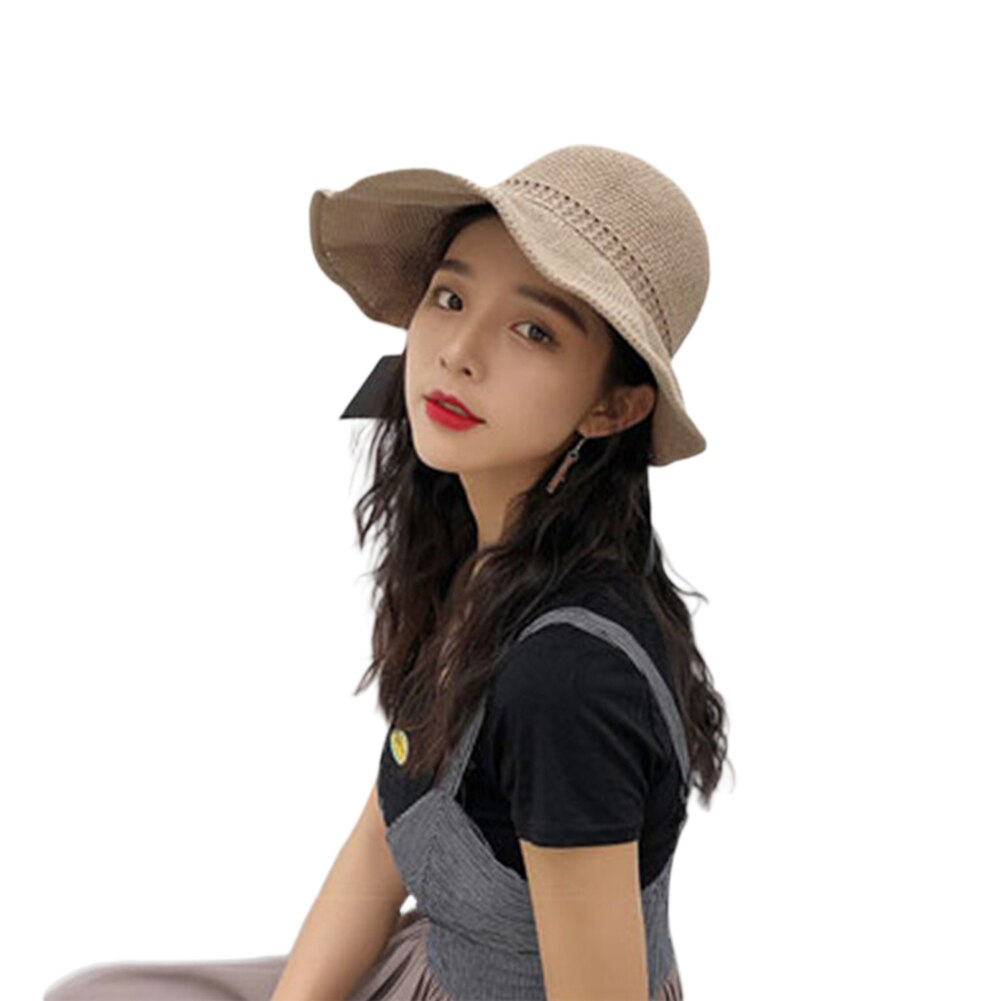Women Girl Straw Hat Summer Cap Hand-Made Folding Beach Round Fisherman Basin Hat: Khaki