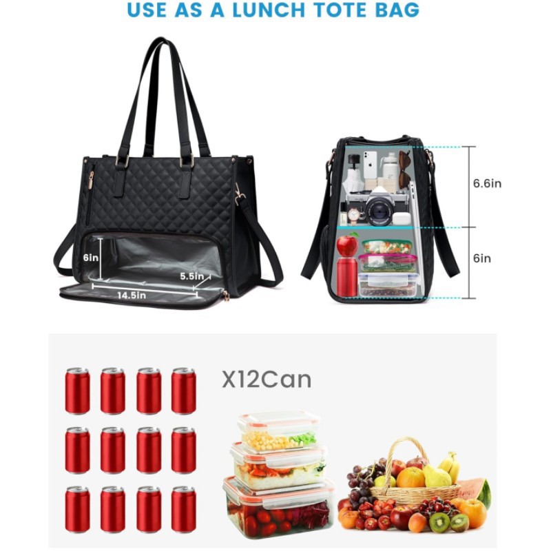 Duże damskie torby na lunch z izolowaną komorą 15,6-calowa torba na laptopa z szczelną kieszenią na lunch Torba robocza Torebka