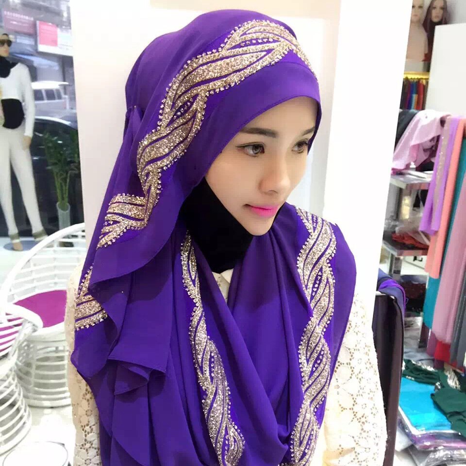Fblus clurs dubai rejse skinnende tørklæde moske tørklæde dame chiffion farveblok hijab tørklæde sjal