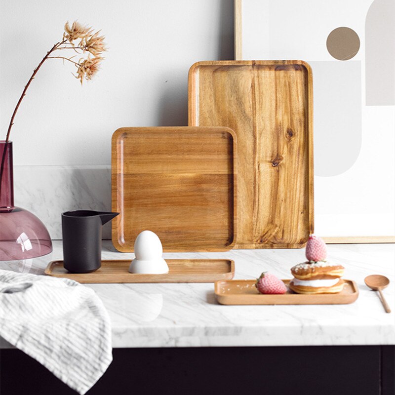 Acacia Wooden Tray Solid Wooden Tray Food Rectangular Plate Japanese Tea Tray Barbecue Snack Cake Nature Health Wood Tray