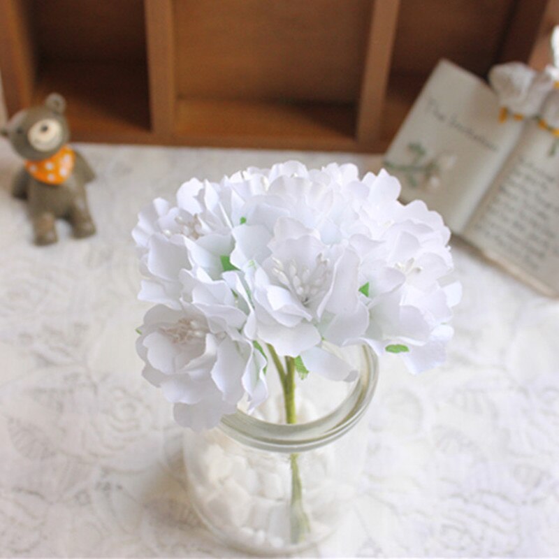 Mini Bouquet artificiel en soie rose 6 pièces/lot | Fleurs en papier pour décoration de mariage, fleurs pour Scrapbooking, boule de fleurs bricolage bon marché: white