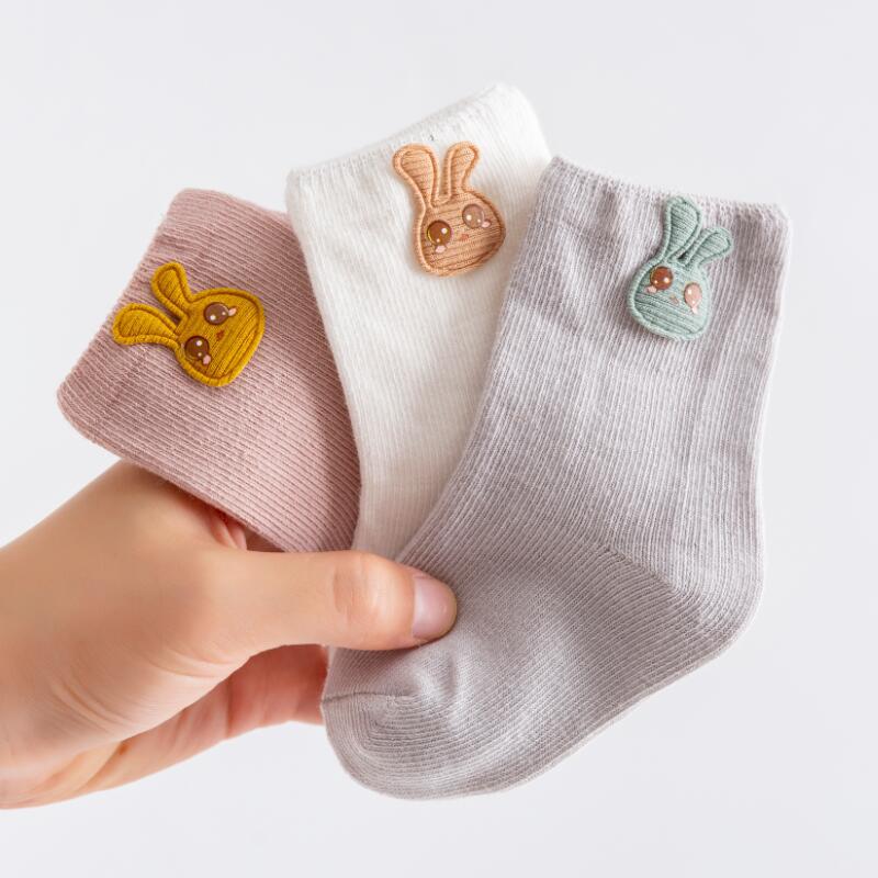 3Pairs Kids Cartoon Sokken Dier Fruit Baby Sokjes Effen Kleur Zachte Katoen Meisje Jongen Korte Sokken Voor Baby peuter 6-12M: rabbit