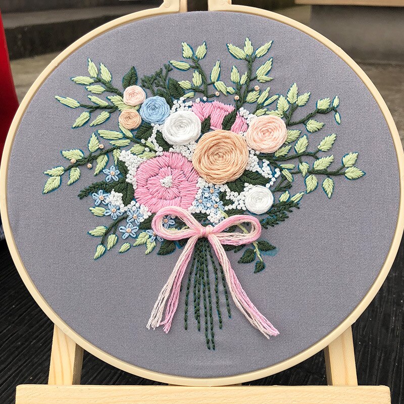 20cm europeiske diy bånd blomster broderi sett med ramme til nybegynner håndarbeid sett korssting serie kunst håndverk sy: Nr. .1