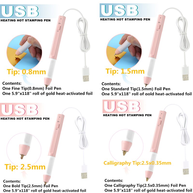 4 Types Heated Gold Foil Pen for Making Craft Designs Cards Album Pen Slim Handle USB Powered On Paper Leather Plastic