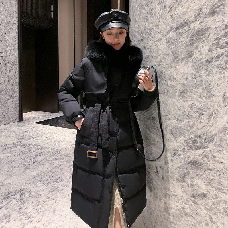 Women Long Belted Winter Jacket Hooded Fur Collar Detachable Windproof Down Jacket Oversize Cotton padded Parkas Outwear Coat: black / M