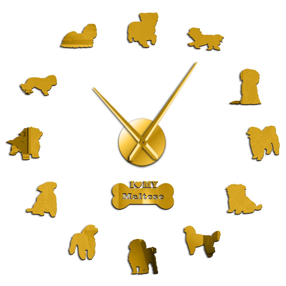 Maltese Hond Ras Frameloze 3D Diy Wandklok Kunstmatige Leuke Puppy Maltese Yorkie Terrier Mute Muur Horloge Voor Pet minnaar: Gold / 47inch