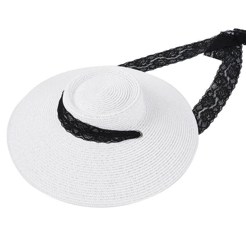 ins stor kant solhatt til kvinner blondere stropper svart strandhatter årgang sommer uv hattemaker   s1091: Hvit