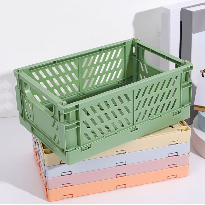 2 Pcs Collapsible Crate Plastic Folding Storage Box Basket Utility Cosmetic Container, Pink & Green