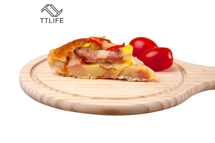 Ttlife trä pizzabräda rund med hand pizza bakplåt pizza sten skärbräda tallrik pizza tårta bakverk verktyg