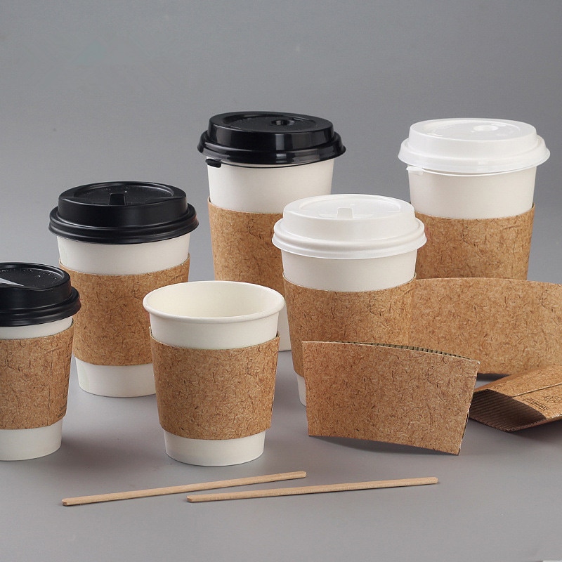 50 stücke weiß einweg kaffee tasse kaltes heißes getränk zum mitnehmen verpackung papier tasse mit deckel und Kraft papier hülse