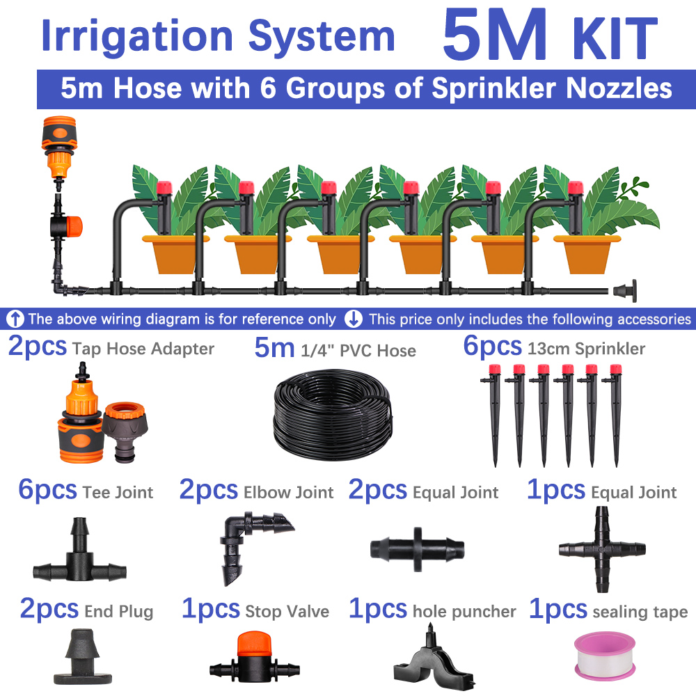50-5m 1/4 "Garten tropfen Mikro bewässerung 8-See-verstellbare Tropfer mit Pfahl 4/7mm Adapter PVC-Schlauch automatisches Bewässerungs System
