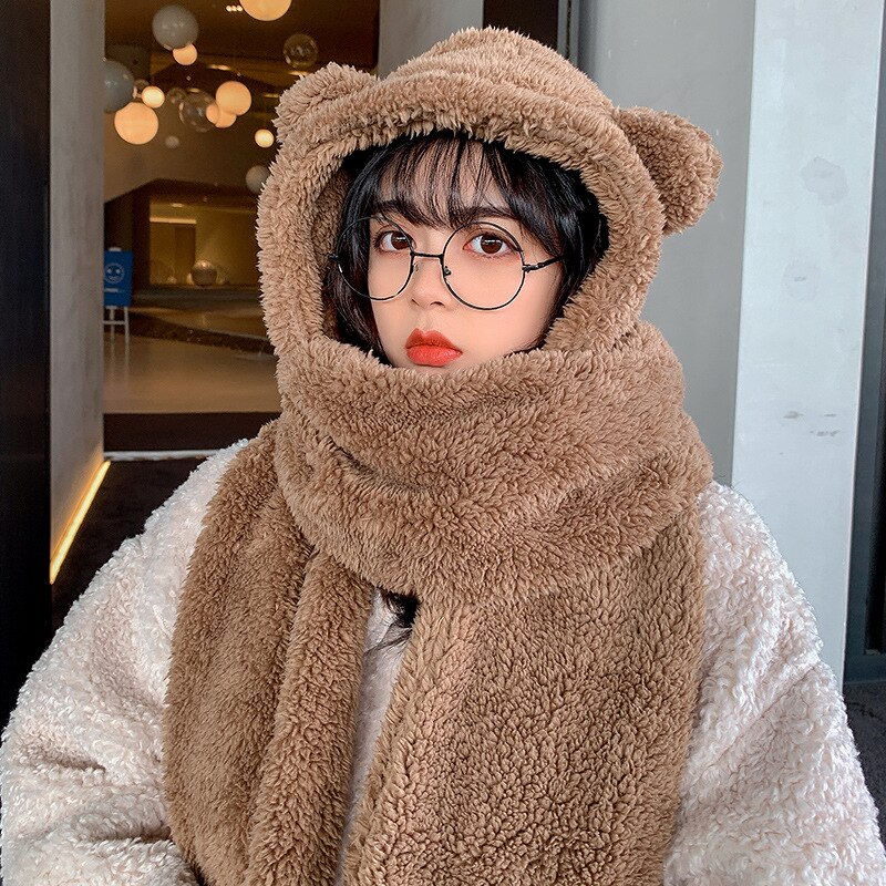INS Bear – ensemble de gants et écharpes en peluche pour femme, chapeau et décontracté, en molleton solide, accessoires Kawaii, nouveauté hiver: Brown 2Pcs suit