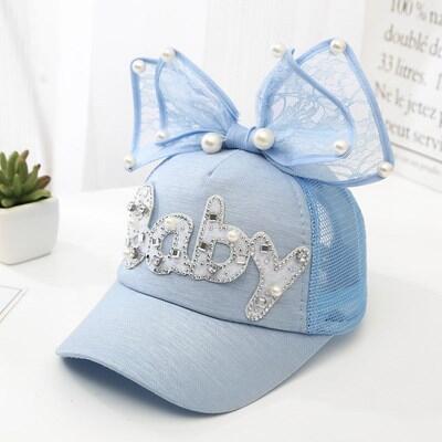 Cute Big Bow Girls Snapback Baseball Cap Children Mesh Hat Spring Summer Adjustable Snapback Casquette Kids Baby Pearl: Net hat sky blue