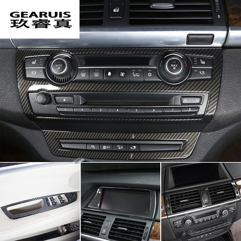 Bil styling interiör knappar panel ram dekoration täcker klistermärken trim för bmw  e70 e71 e72 x5 x6 sav kolfiber tillbehör