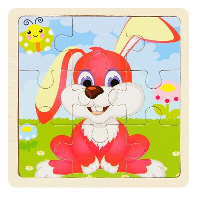 Mini Size 11*11cm Wooden 3D Cartoon Puzzle Jigsaw for Children Kids Cartoon Animal/traffic Puzzles Educational Toy Girl Boy: rabbit