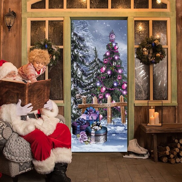Etiqueta engomada colorida de la puerta del árbol de Navidad, decoración 3D de la habitación del hogar, Mural impermeable de Pvc, sala de estar Calcomanía para, póster adhesivo 3D Diy: 95x215cm