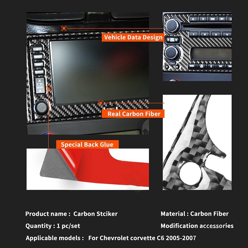 for Chevrolet Corvette C6 05-07 Carbon Fiber Stickers Center Console Radio Navigation Display Interiors Car Accessories