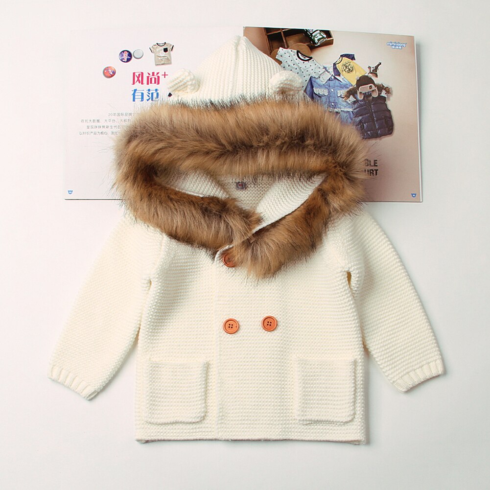 Bébé tricoté manteau mignon à capuche col de fourrure pull à manches longues infantile hauts pour bébé enfants filles garçons