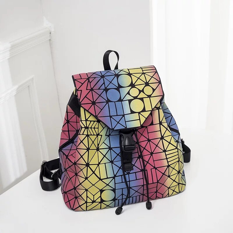 Geometric Luminous Women's Bag Holographic Reflective Flashing Color Backpack: Rainbow B