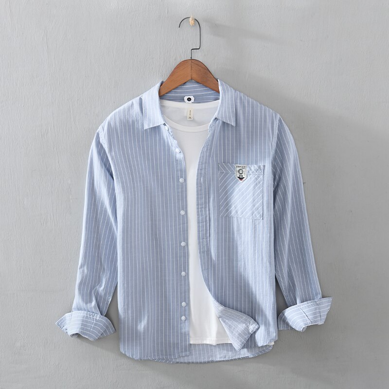 long-sleeved brand shirt men stripe yellow shirts for men trendy comfortable tops men camisa masculina chemise: gray / XXXL (Asian size)