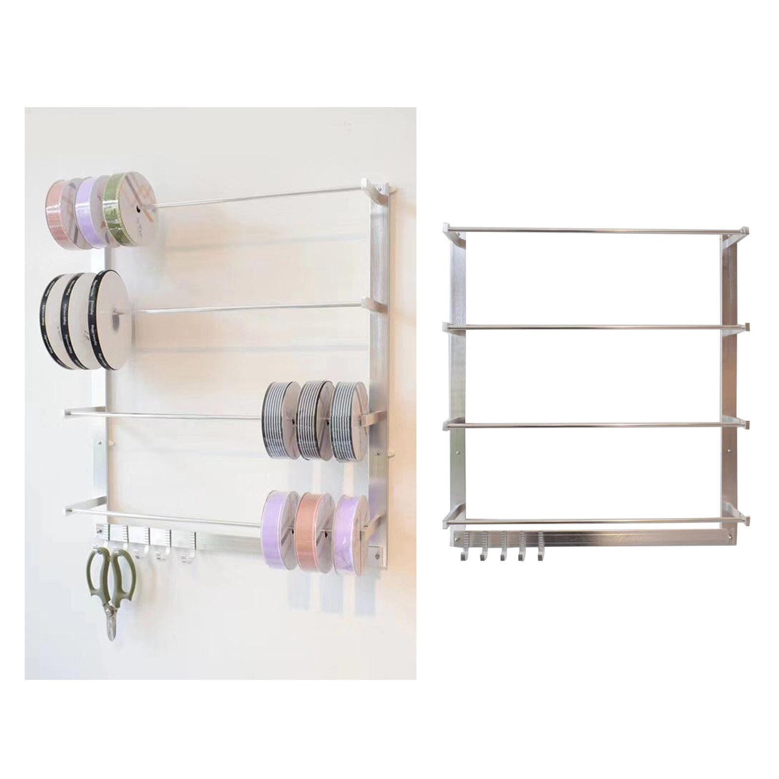Wall Mounted Wire Spool Rack with 4 Rods And 5 Hooks Ribbon Organizers Storage