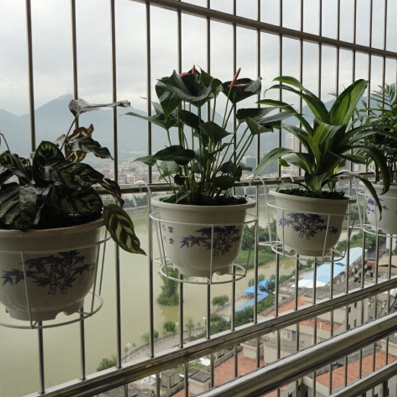Balcony Round Flower Pot Basket Iron Railing Fence Hanging Potted Plant Rack Planter Stand Holder Garden Decoration