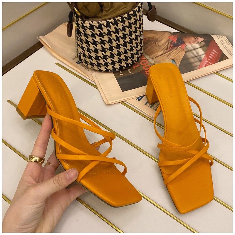 Suojialun smalband kvinnor tofflor dam högklackat sandal sommar utomhus öppen tå slides pumps: Orange / 39
